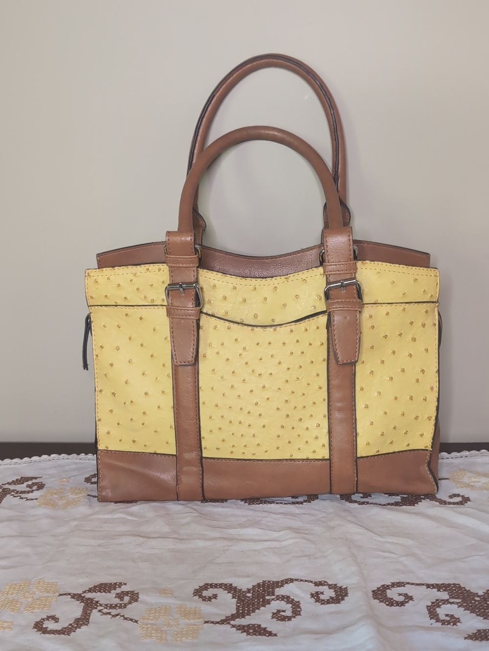 Gorgeous Yellow & Tan Simulated Ostrich Shoulder Bag